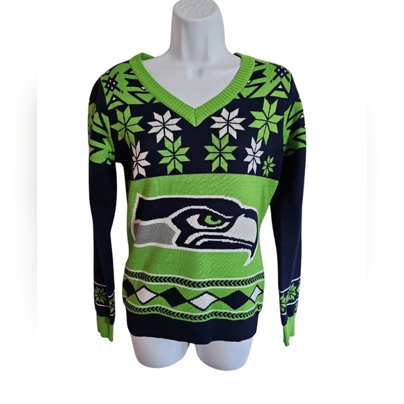 Seattle Seahawks Medium NFL Ugly Christmas Sweater Green Navy Rare Fan Gear - Picture 2 of 7